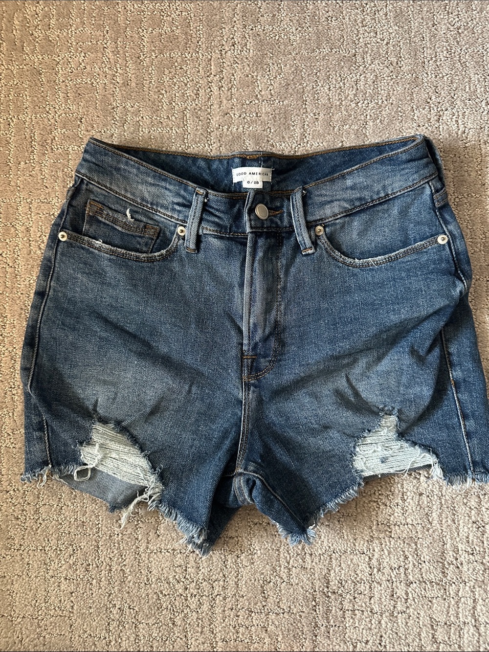 Good American Dark Blue Distressed High-Rise Denim Shorts